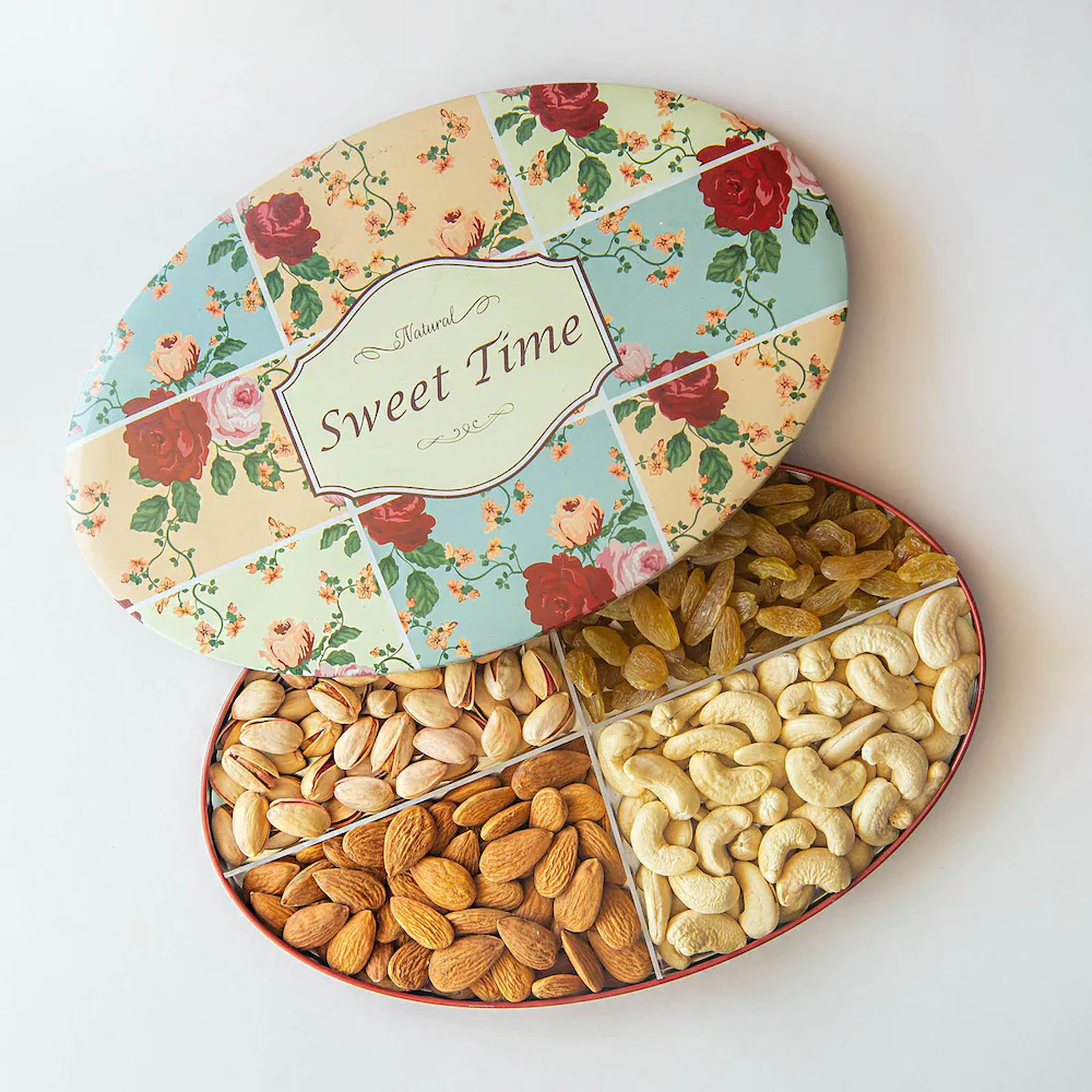Dry Fruits In Beautiful Floral Oval Shape Tin Gift Box